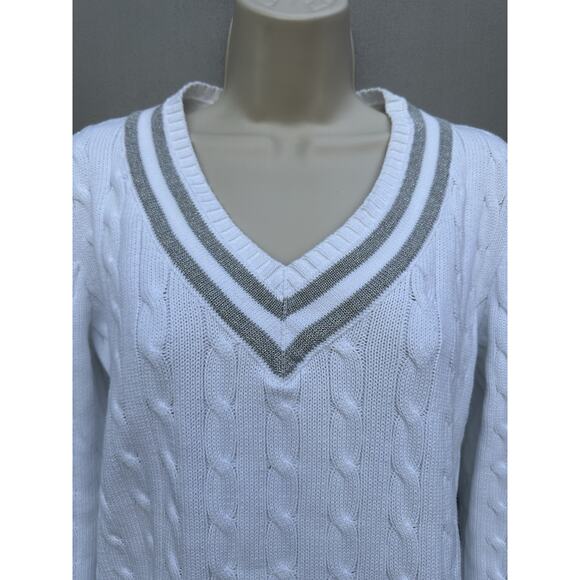 Ralph Lauren L-RL Women’s Cable Knit Sweater White Cotton V Neck Preppy Tennis L - Picture 5 of 10